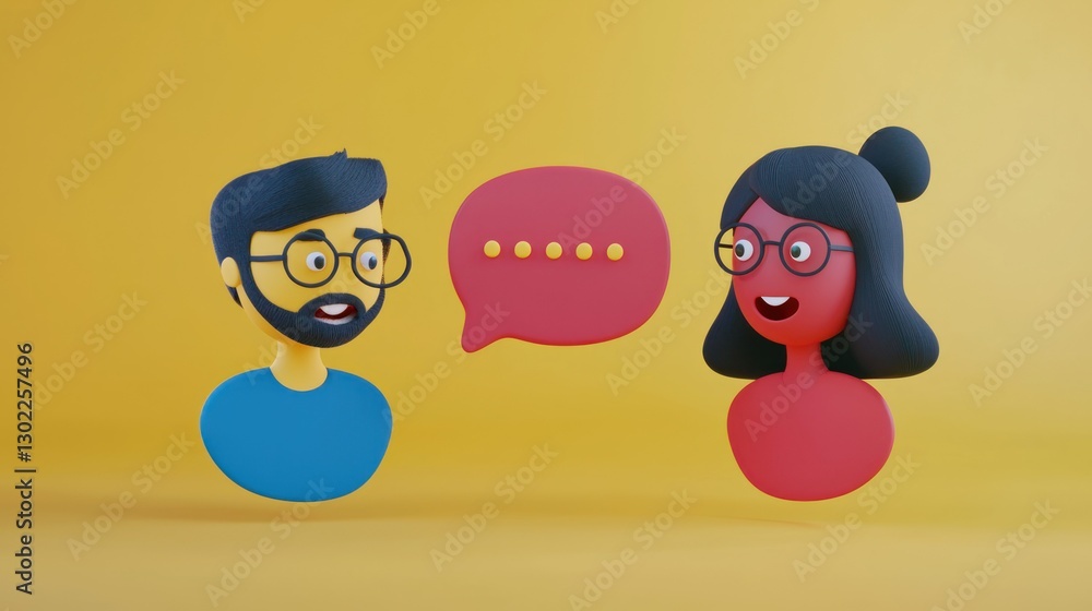 Fototapeta premium Two overlapping conversation bubbles above animated characters having a discussion.
