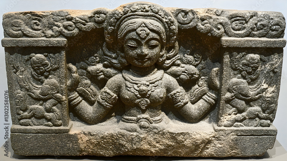 Ancient stone bas-relief sculpture with female figure and intricate details Ancient stone bas-relief sculpture with female figure and intricate details