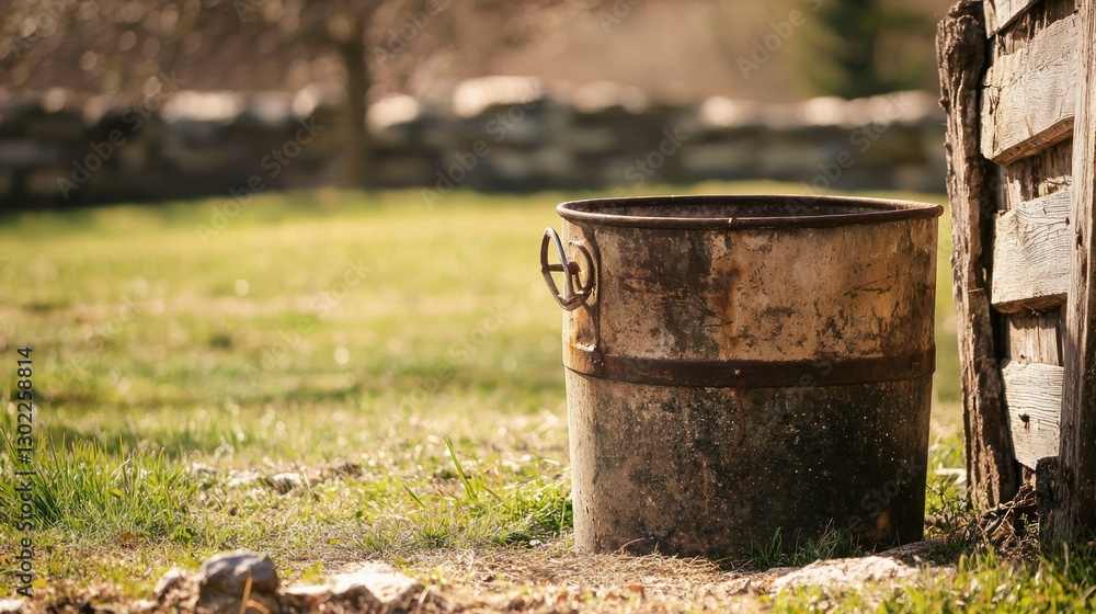 A rustic water bucket sitting near an old-fashioned well in a countryside setting. A rustic water bucket sitting near an old-fashioned well in a countryside setting.