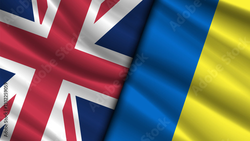 Vector wavy flags of Great Britain and Ukraine. English and Ukrainian political banner. Relations between countries. Alliance.
