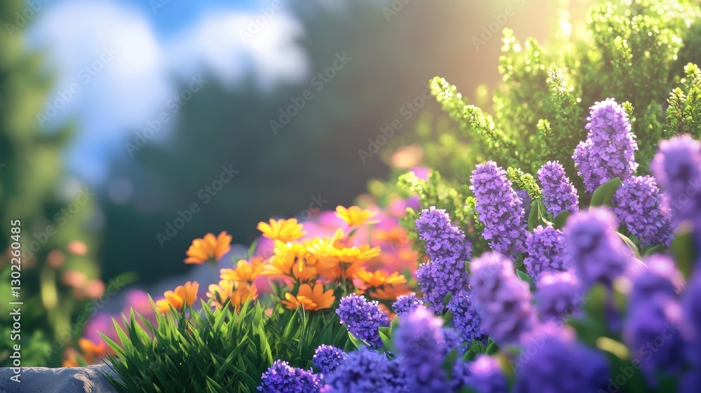Obraz premium Vibrant garden scene with blooming purple and orange flowers under sunlight.