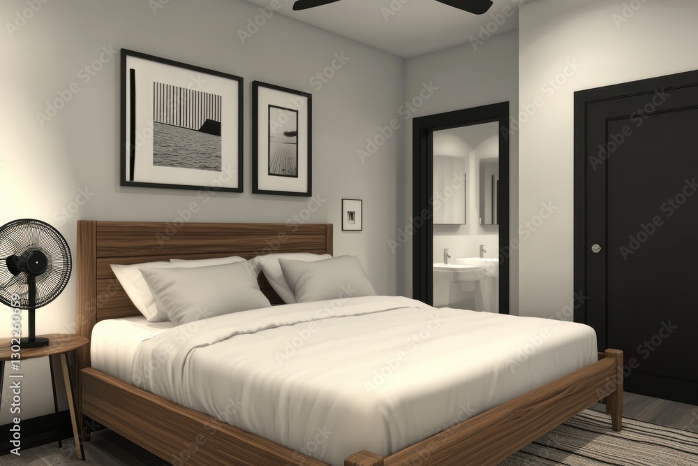 Fototapeta premium Modern bedroom interior design with king-size bed, wooden frame, and minimalist decor.
