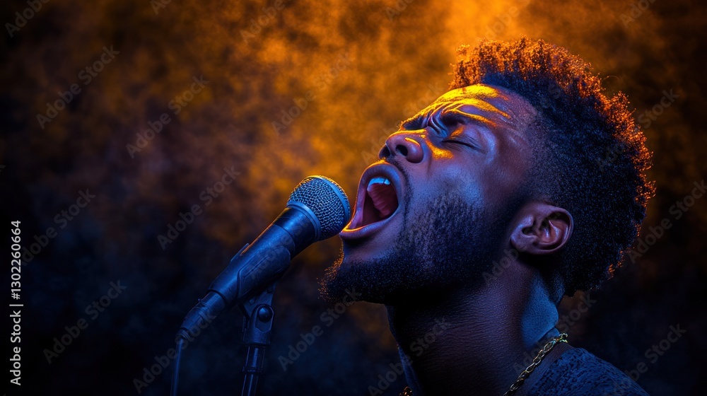 Afro American man singing in church, gospel singer expressing joyful devotion, faith, and belief in God - religion concept Afro American man singing in church, gospel singer expressing joyful devotion, faith, and belief in God - religion concept