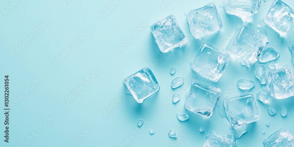 Transparent ice cubes and water droplets rest on light blue background Transparent ice cubes and water droplets rest on light blue background
