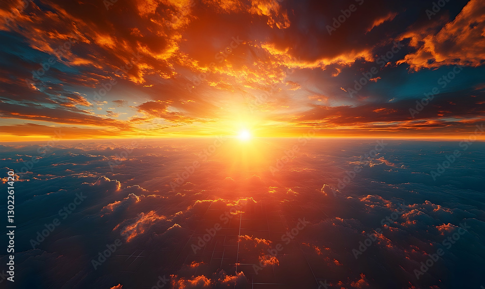 Fototapeta premium Panoramic Celestial View of the Fiery Sunset Above the Clouds with Warm Light