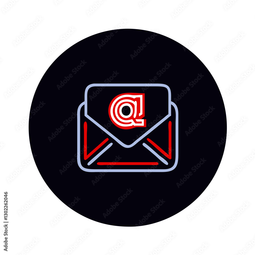Neon email envelope icon with at symbol on black background Neon email envelope icon with at symbol on black background