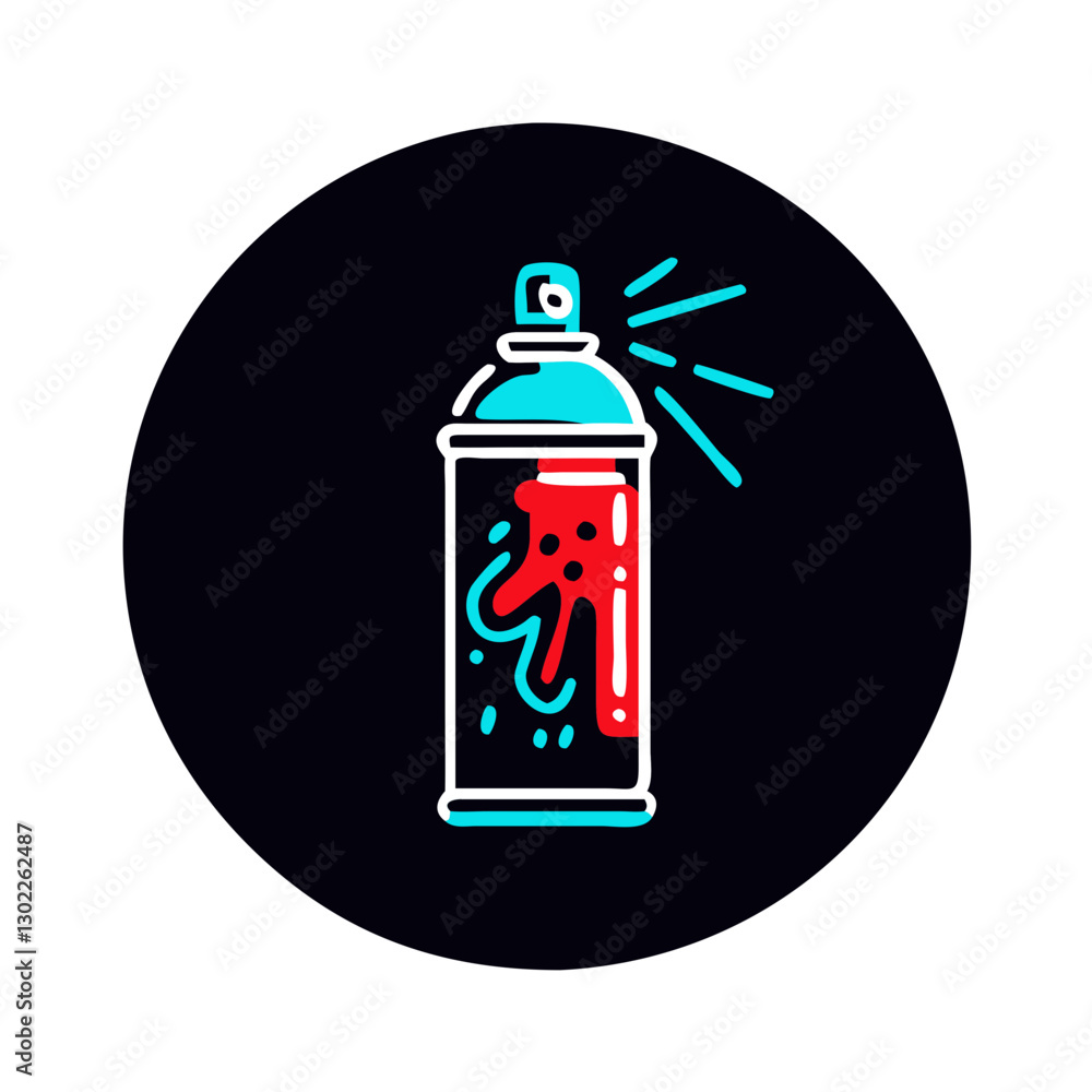 Spray can with colorful paint splatter on black background