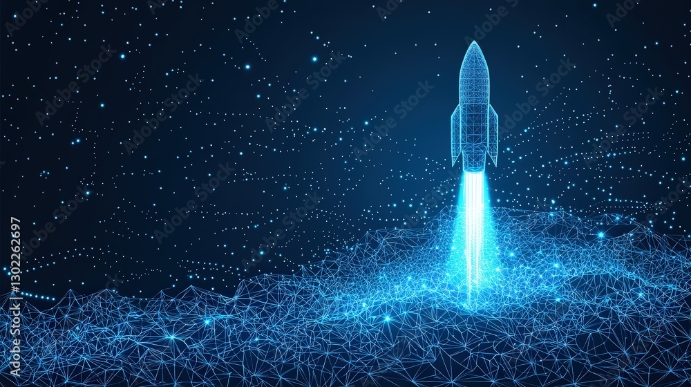 Naklejka premium Futuristic Rocket Launch Over a Digital Landscape with Connecting Lines and Stars in a Deep Blue Space for Innovation and Technology Concepts