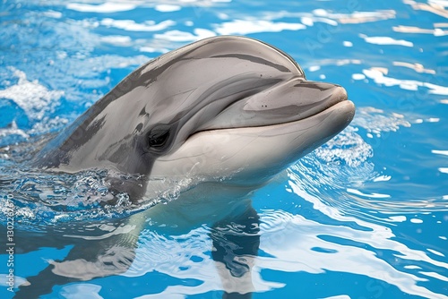 A portrait of a friendly dolphin smiling over blue water background