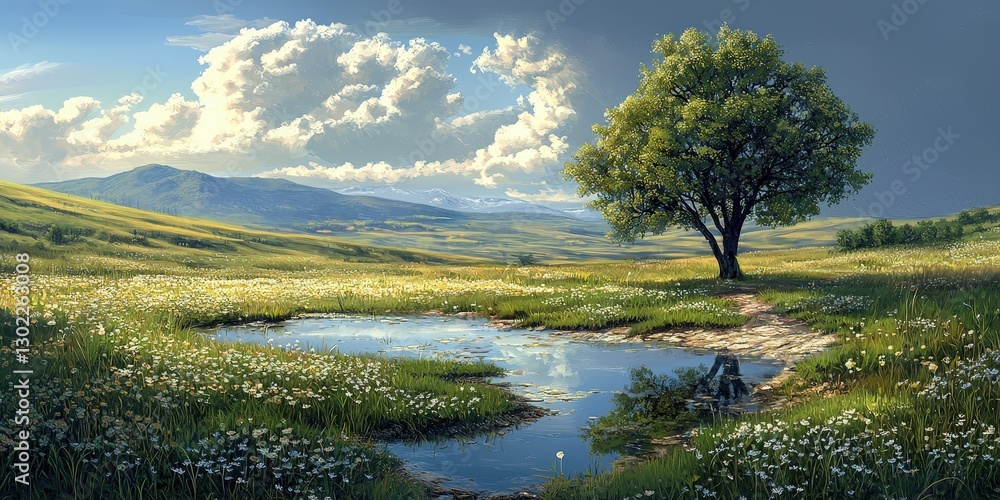 Obraz premium Serene Landscape with Lush Green Meadow, Tranquil Pond, Majestic Mountains in Background Under Blue Sky with Puffy Clouds, Perfect for Nature and Relaxation Themes