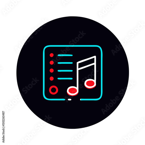 Music playlist interface with musical notes on black background