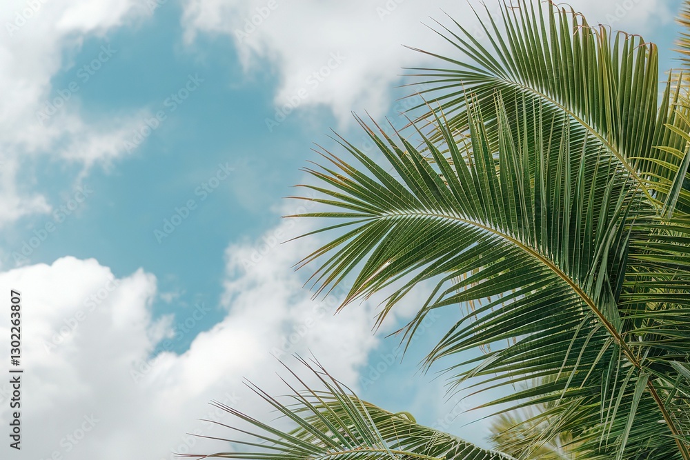 Fototapeta premium Green Leaves of palm, coconut tree with white cloud and blue-sky background