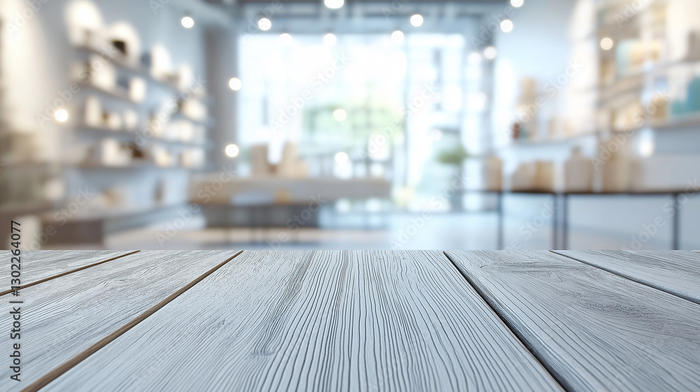 Whitewashed Wooden Tabletop Blurred Modern Shop Background Whitewashed Wooden Tabletop Blurred Modern Shop Background