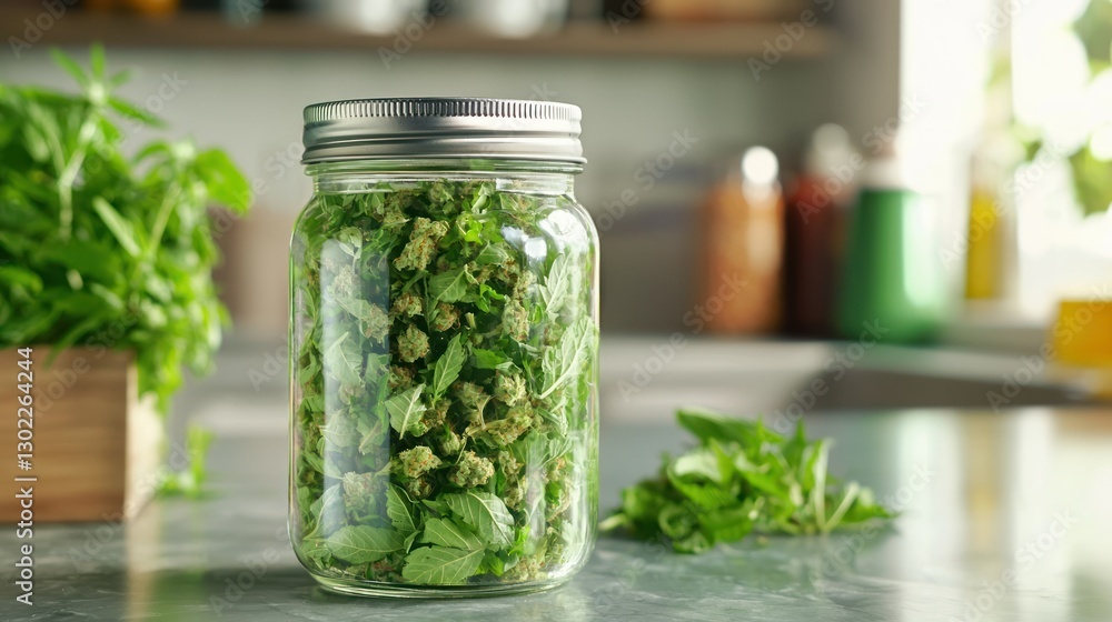A jar filled with neatly trimmed cannabis buds, placed on a modern countertop. A jar filled with neatly trimmed cannabis buds, placed on a modern countertop.
