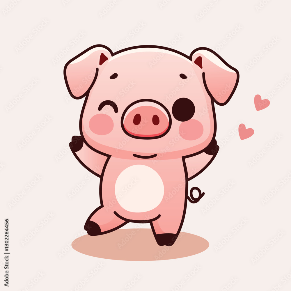 Cute Kawaii Cartoon Pig Illustration Giving Hand with Happy Expression and Blushing Cheeks Cute Kawaii Cartoon Pig Illustration Giving Hand with Happy Expression and Blushing Cheeks