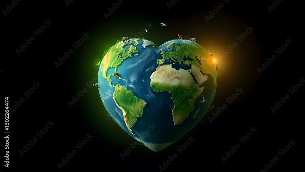Heart-shaped Earth globe with vibrant continents against a deep, dark background. Love for Earth concept. Heart-shaped Earth globe with vibrant continents against a deep, dark background. Love for Earth concept.