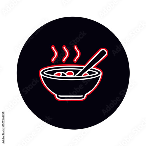 Bowl of steaming soup with spoon on black background