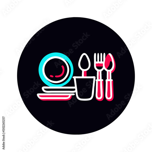 Outline of tableware and utensils on black background