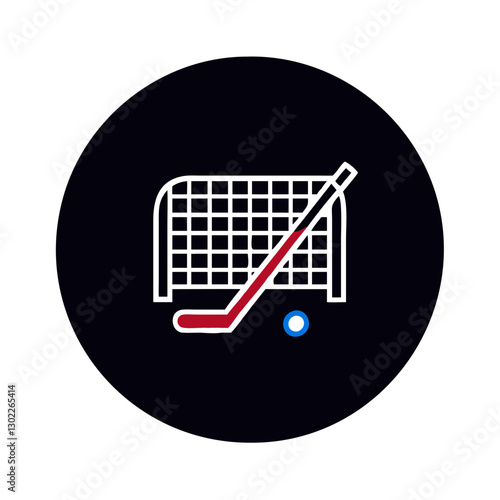 Hockey goal and stick with puck on black background