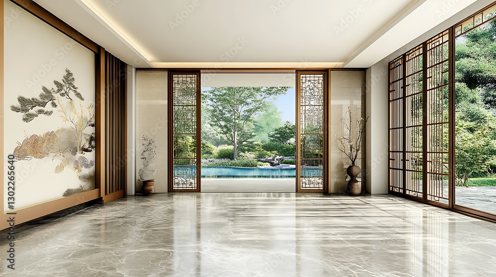 custom made wallpaper toronto digitalSerene Modern Interior Design: 3D Render of a Tranquil Living Space with Garden Views AI Generated