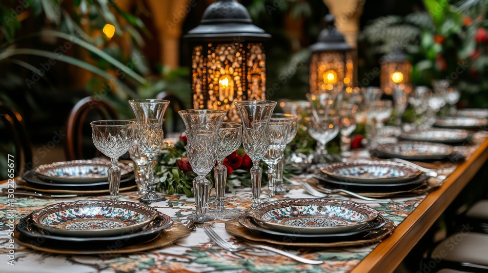 Elegant Dinner Table Setting With Ornate Plates and Crystal Glasses