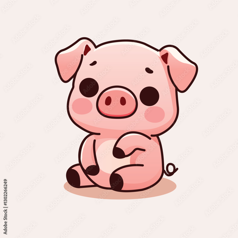 Cute Kawaii Cartoon Pig Illustration Sitting with Sad Expression and Blushing Cheeks Cute Kawaii Cartoon Pig Illustration Sitting with Sad Expression and Blushing Cheeks