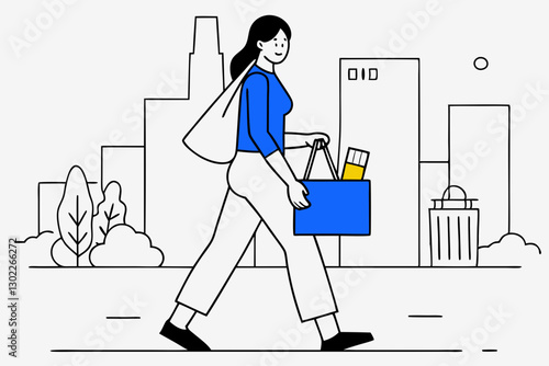Happy woman walking with shopping bag in cityscape