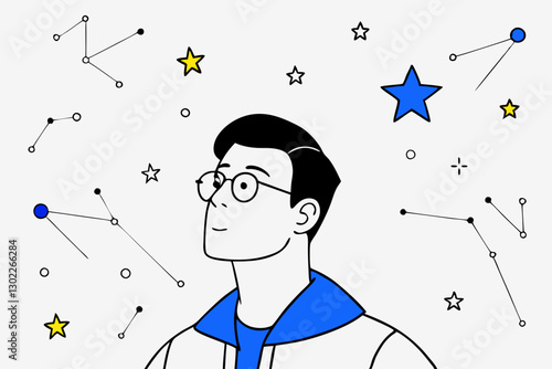 Man gazing at stars with curiosity against a minimalist background