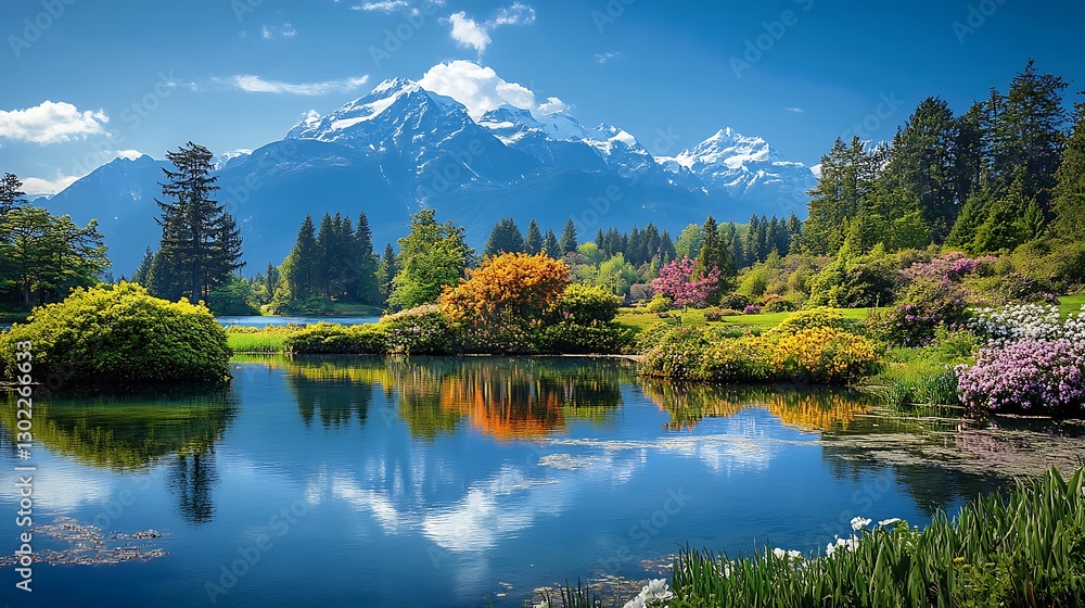 Naklejka premium Serene Springtime Mountain Lake Reflection: Vibrant Garden Landscape Photography AI Generated