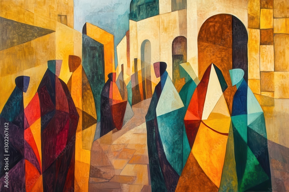 vibrant abstract painting depicting pharisees in jerusalem streets, bold cubist style with rich jewel tones, angular figures in flowing robes against ochre stone architecture