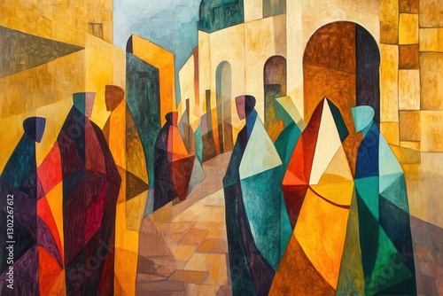 Obraz na płótnie vibrant abstract painting depicting pharisees in jerusalem streets, bold cubist style with rich jewel tones, angular figures in flowing robes against ochre stone architecture w salonie