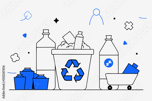 Recycling bin with bottles and containers on abstract background