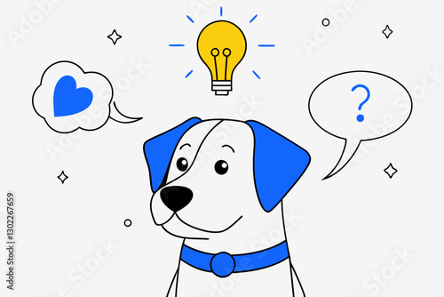 Thoughtful dog with a lightbulb idea on a minimalistic background