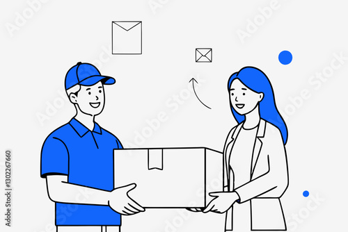 Delivery person smiling while handing over a package to a recipient