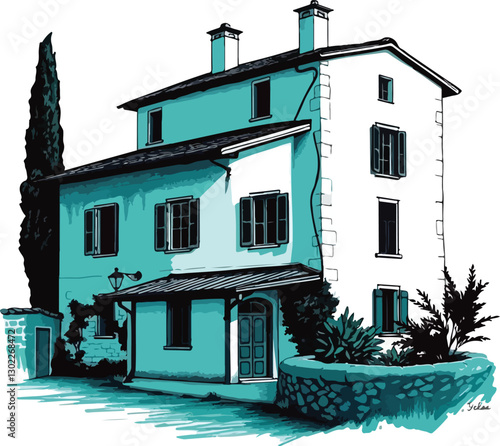 Black and white illustration of italian house. old house in region country. rural european villa isolated on white. vintage sketch of european country house. Pen and Ink Illustration. Illustration