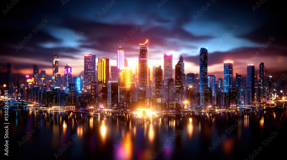 Fototapeta premium vibrant holographic city skyline at night, showcasing illuminated skyscrapers reflecting on water, creating stunning urban landscape
