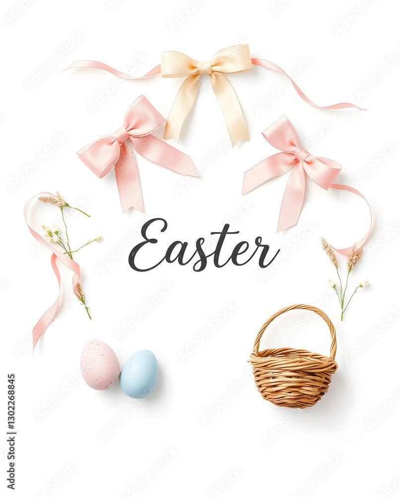 Obraz premium Easter decoration featuring ribbons, eggs, basket, and flowers, for joyful celebration season.