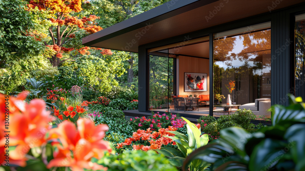 Obraz premium modern home surrounded by vibrant flowers and lush greenery, showcasing beautiful garden view through large glass windows. scene evokes tranquility and harmony with nature