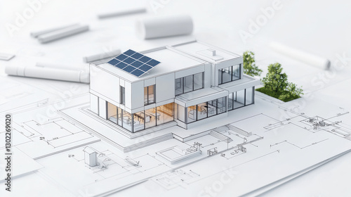 Modern home architectural blueprint with solar panels and greenery