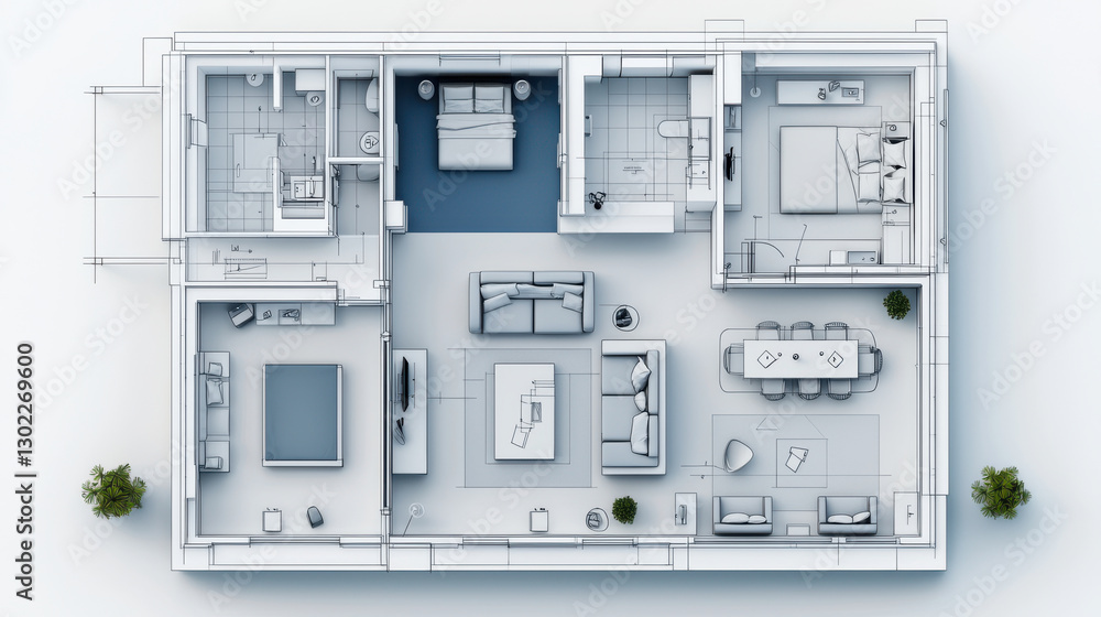 detailed 3D blueprint of luxury hotel layout featuring spacious rooms, modern furniture, and elegant design elements. plan showcases living area, dining space, and multiple bedrooms detailed 3D blueprint of luxury hotel layout featuring spacious rooms, modern furniture, and elegant design elements. plan showcases living area, dining space, and multiple bedrooms