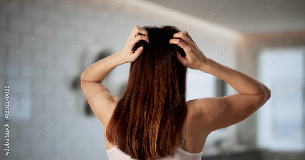Fototapeta premium Woman with long hair scratching dry scalp covered in dandruff
