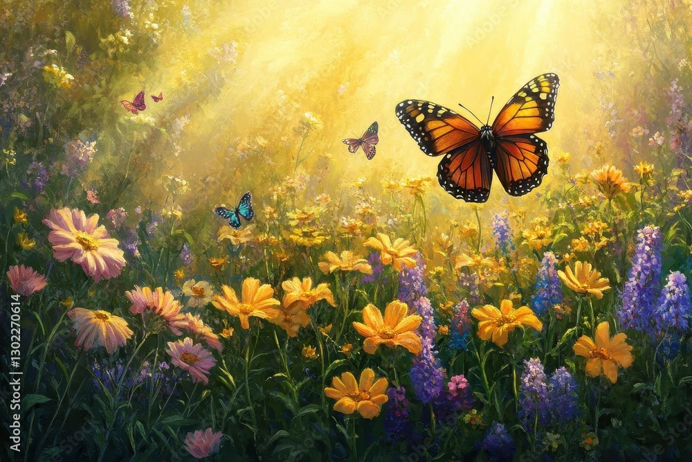 vibrant spring meadow bursting with colorful wildflowers in golden sunlight, butterflies dancing above dewy grass, creating a tapestry of yellows, purples, and greens vibrant spring meadow bursting with colorful wildflowers in golden sunlight, butterflies dancing above dewy grass, creating a tapestry of yellows, purples, and greens