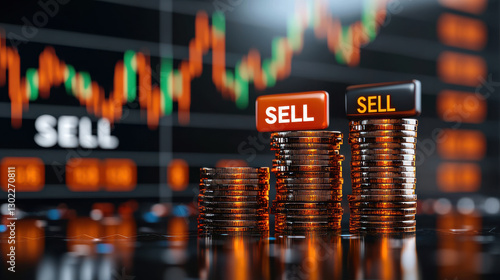 Coins growing in stacks next to sell buttons, representing trading concepts and market dynamics. image conveys sense of financial growth and decision making