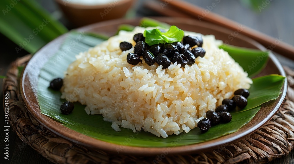 Delicious rice dish topped with black beans and fresh herbs on a leaf plate. Delicious rice dish topped with black beans and fresh herbs on a leaf plate.