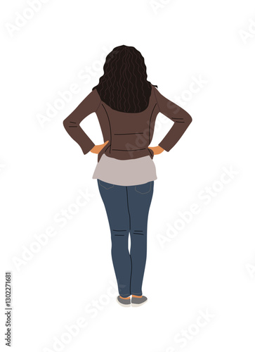 Young woman Standing Back View. Cartoon Female Character Wearing casual street fashion outfit, dark jeans, leather jacket Rear View vector realistic illustration Isolated 
