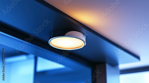 A halogen bulb glowing brightly in a sleek, modern light fixture. photo