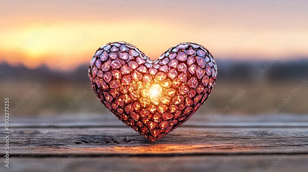 Fototapeta premium Glowing Heart on Rustic Wood at Sunset