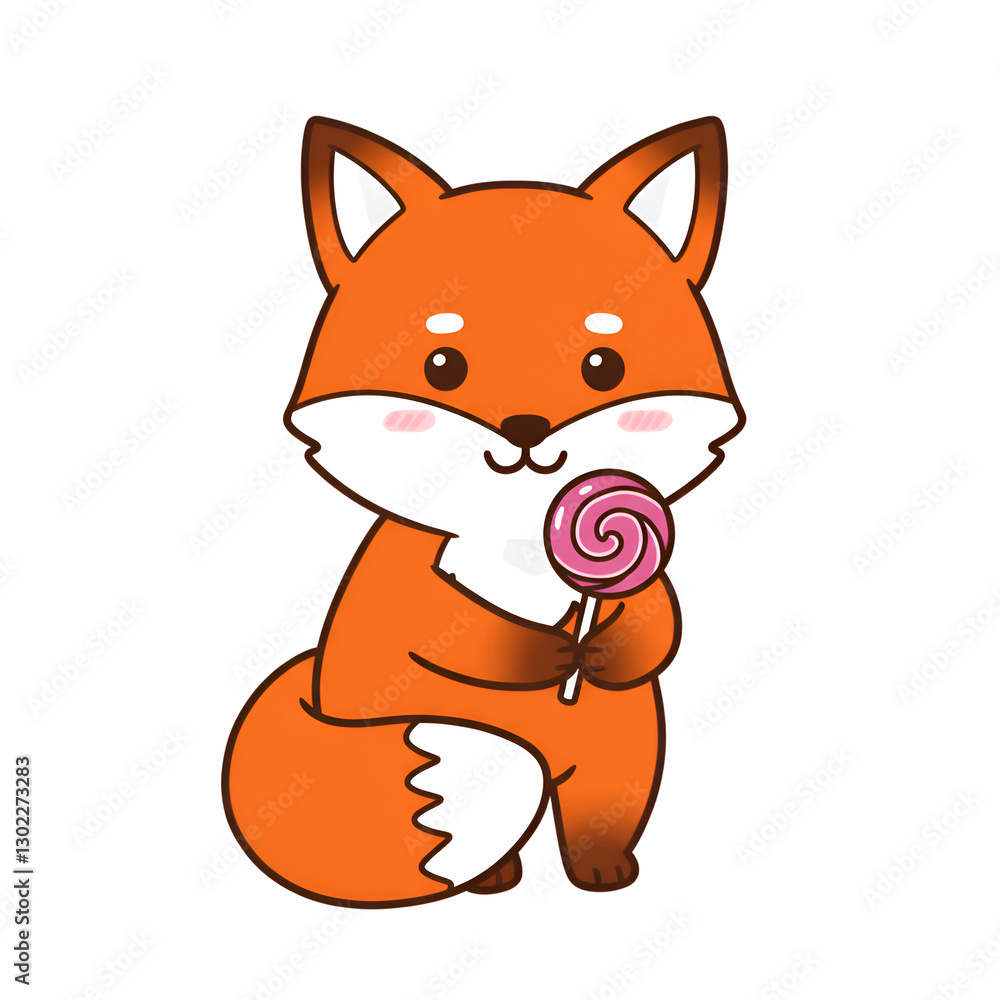 Adorable Cartoon Fox Holding Pink Sweet Lollipop Fun Cute Candy Happy Image Animal Design Orange Adorable Cartoon Fox Holding Pink Sweet Lollipop Fun Cute Candy Happy Image Animal Design Orange