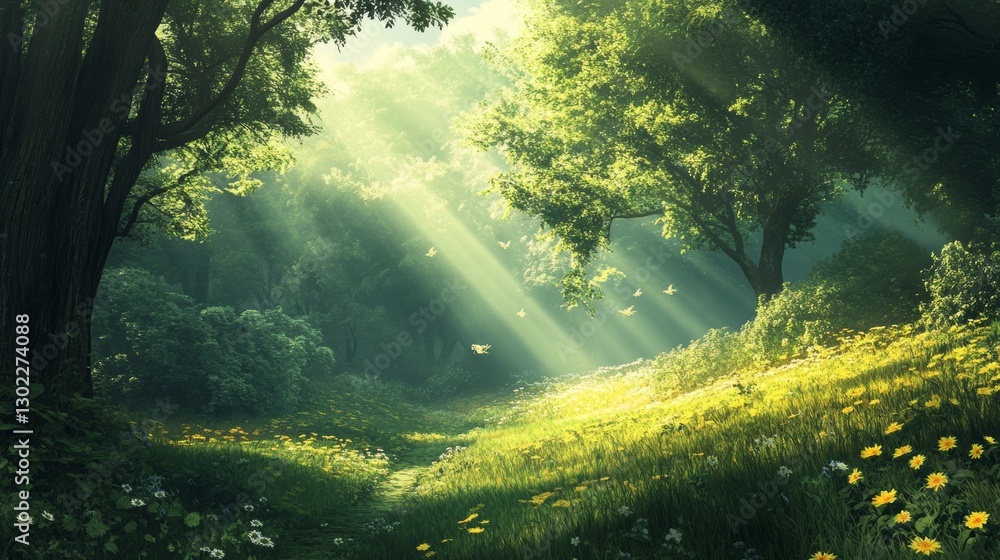 Fototapeta premium Sunlit Forest Path: A Dreamlike Scene of Tranquility