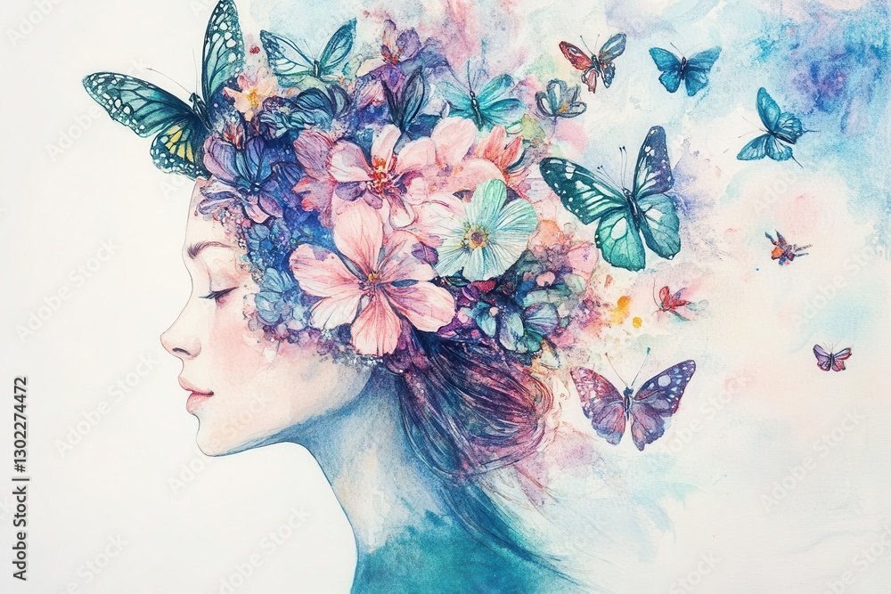 watercolor profile of woman with blooming flowers and butterflies emerging from her mind, symbolizing mental wellness and emotional growth, soft pastel palette